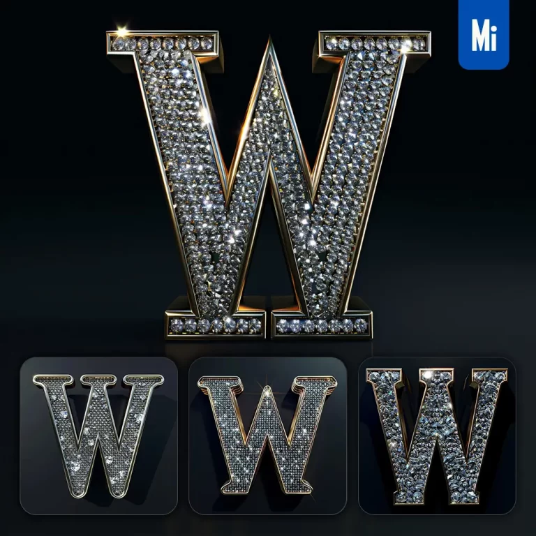 midjourney prompt W letter word text type diamond gold 3D