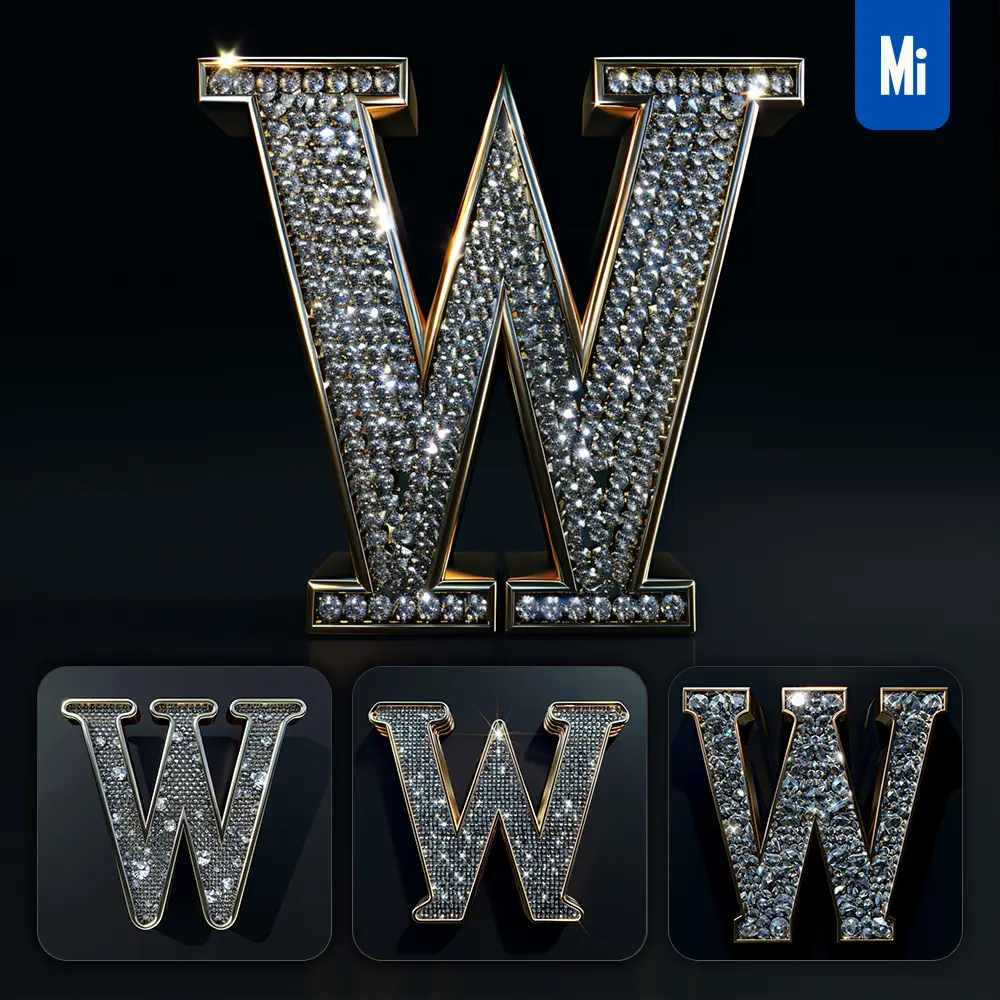 midjourney prompt W letter word text type diamond gold 3D