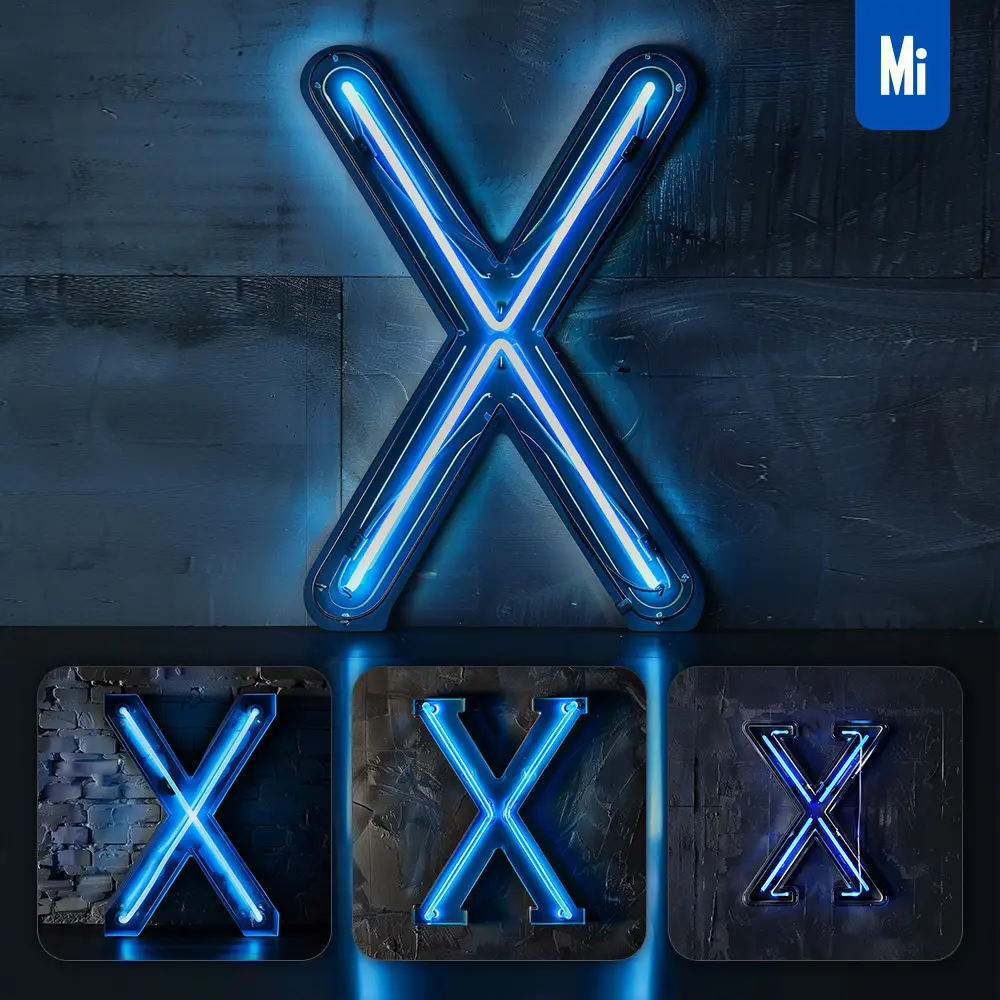 midjourney prompt X letter blue navy LED neon light word text