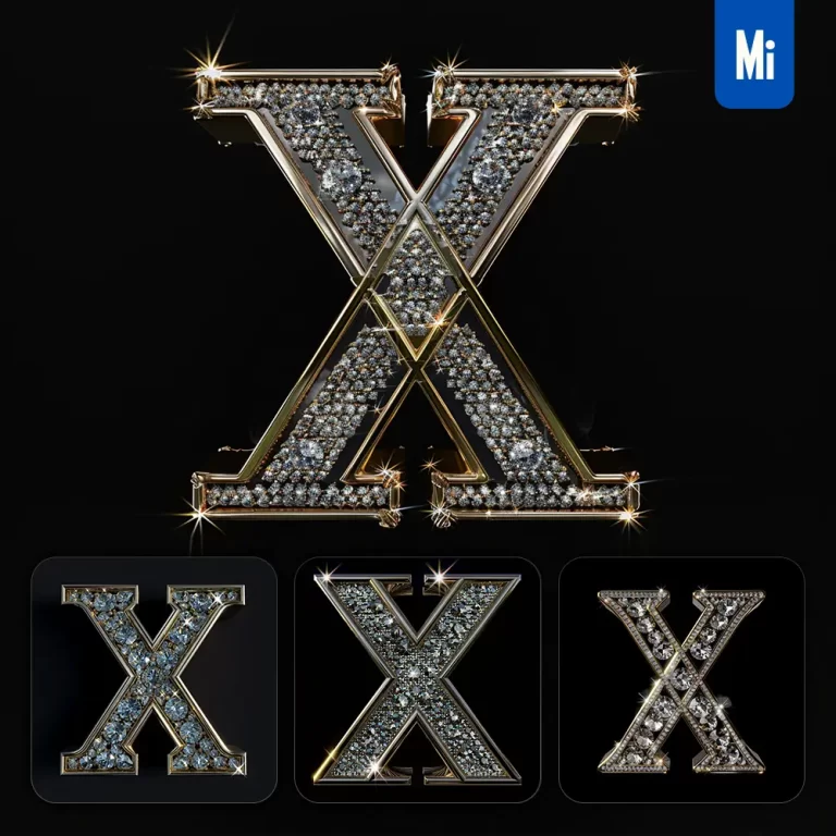 midjourney prompt X letter word text type diamond gold 3D