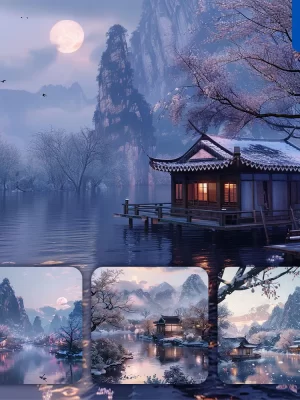 Midjourney Prompt Ancient China Mountain River Landscape Cg House Tree