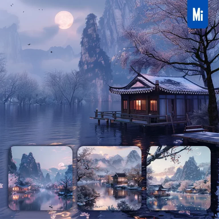 midjourney prompt ancient China mountain river landscape CG house tree