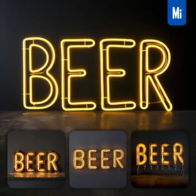 midjourney prompt beer yellow LED neon light word text letter