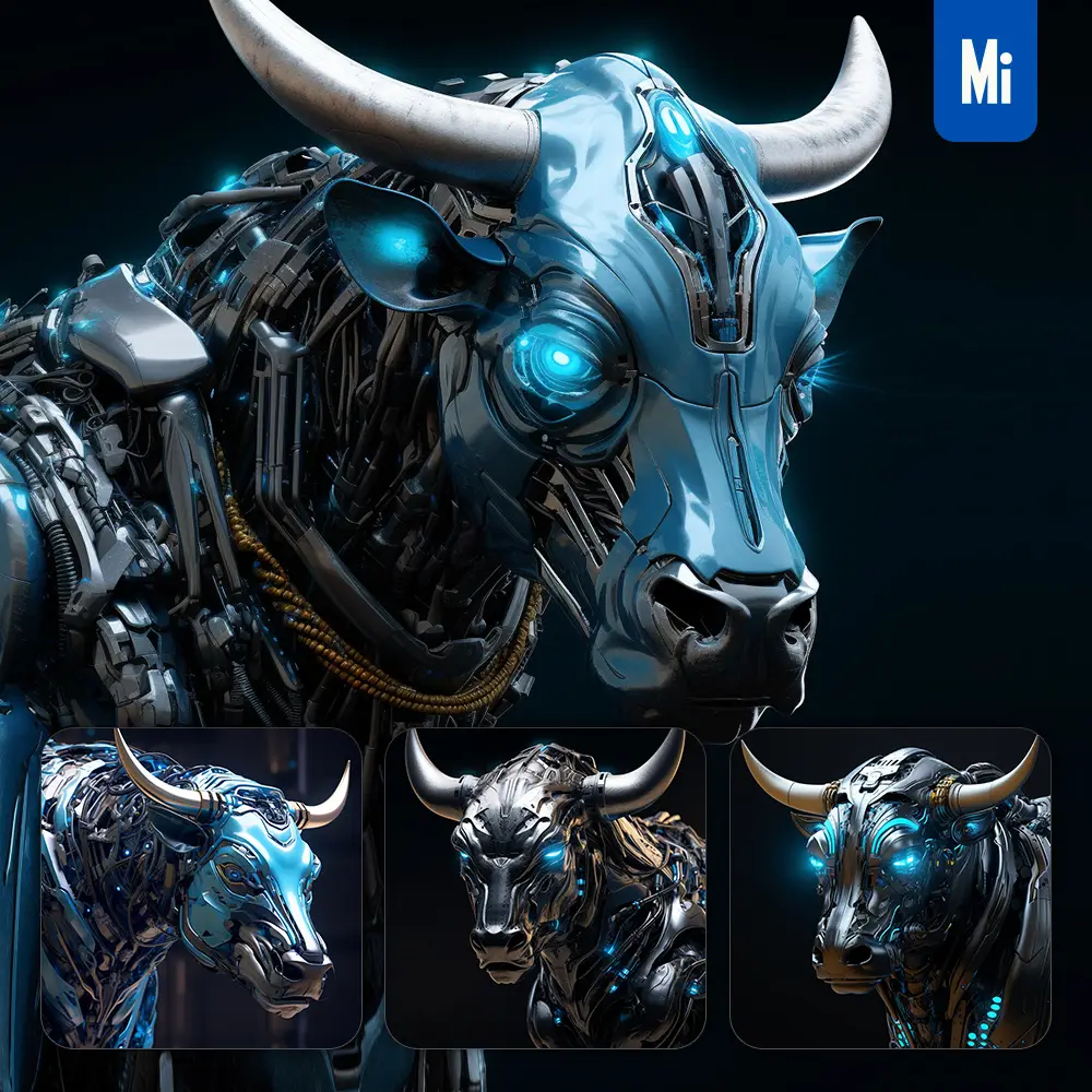 midjourney prompt bull head robot anatomy technology science fiction 3D