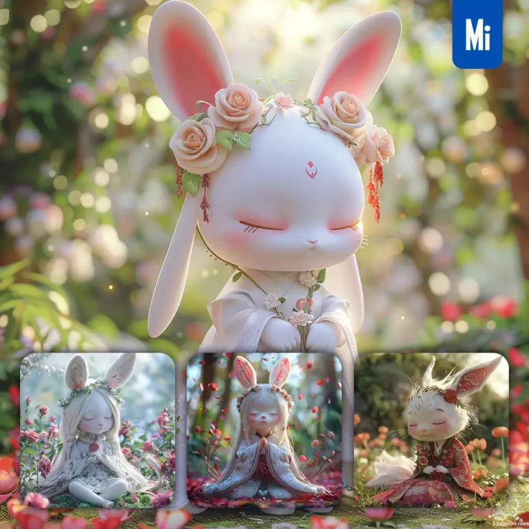 midjourney prompt bunny rabbit doll fairy dress tail garden 3D girl