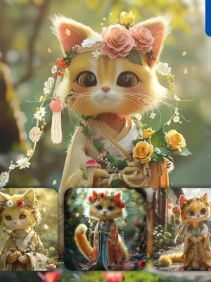 Midjourney Prompt Cat Doll Fairy Dress Tail Garden 3d