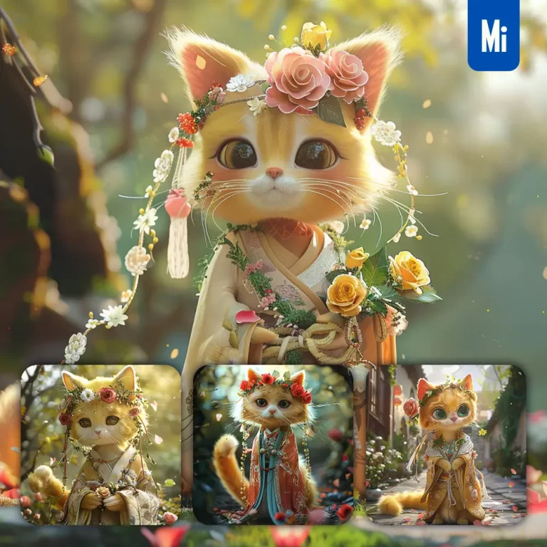 midjourney prompt cat doll fairy dress tail garden 3D girl