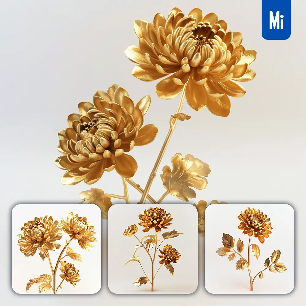 Midjourney Prompt Chrysanthemum Gold Golden Metal Flower Leaves Leaf 3d