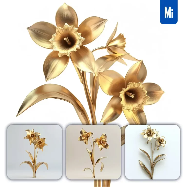 midjourney prompt daffodil gold golden metal flower leaves leaf 3D