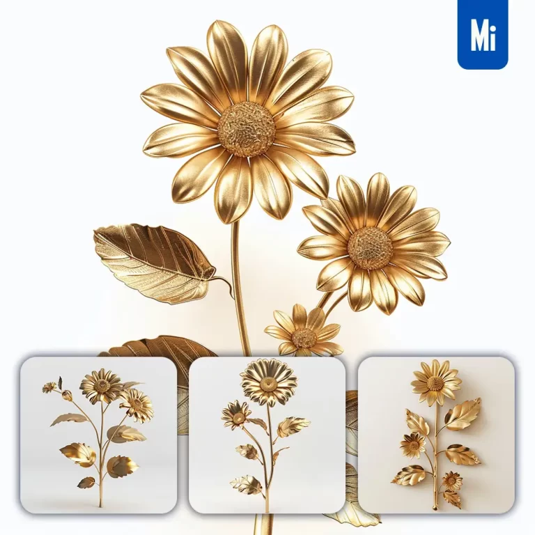 midjourney prompt daisy gold golden metal flower leaves leaf 3D