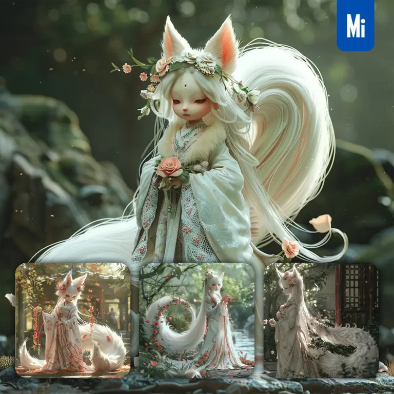 midjourney prompt fox doll fairy dress tail garden 3D girl cute