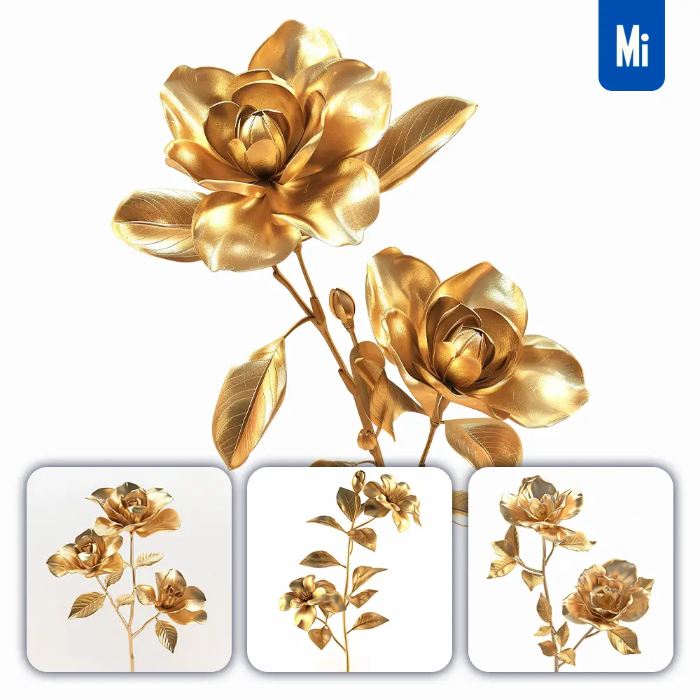 Midjourney Prompt Gardenia Gold Golden Metal Flower Leaves Leaf 3d