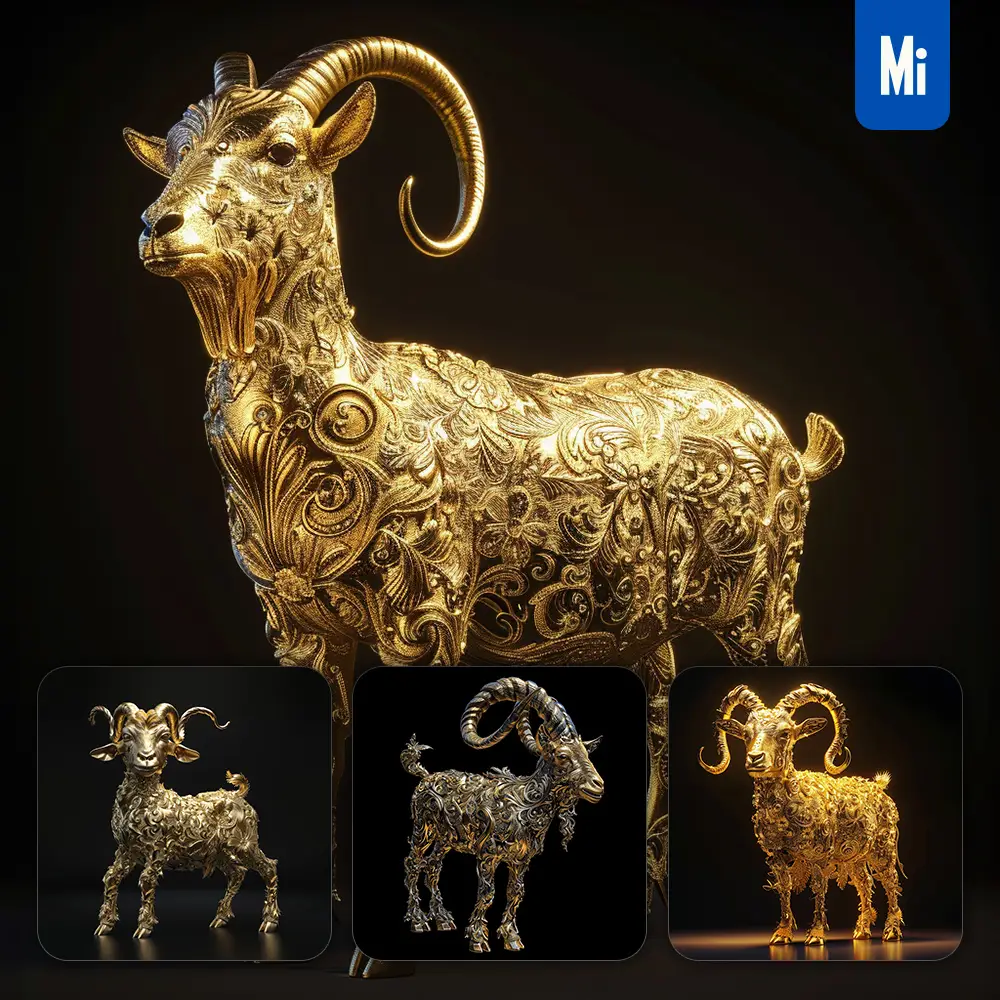 Midjourney Prompt Goat Gold Golden 3d Sculpture Pattern