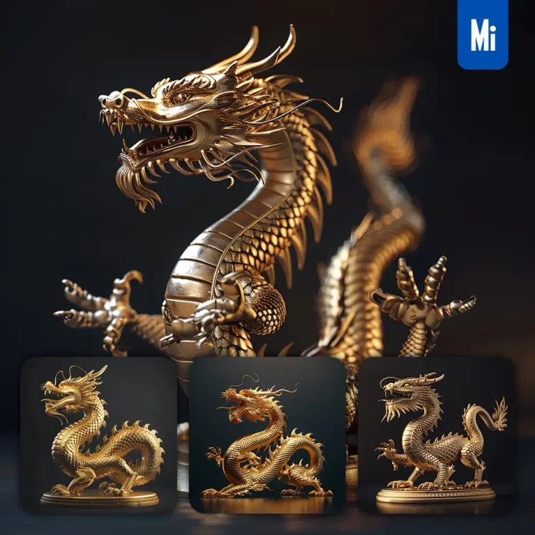 midjourney prompt gold Chinese dragon statue 3D art