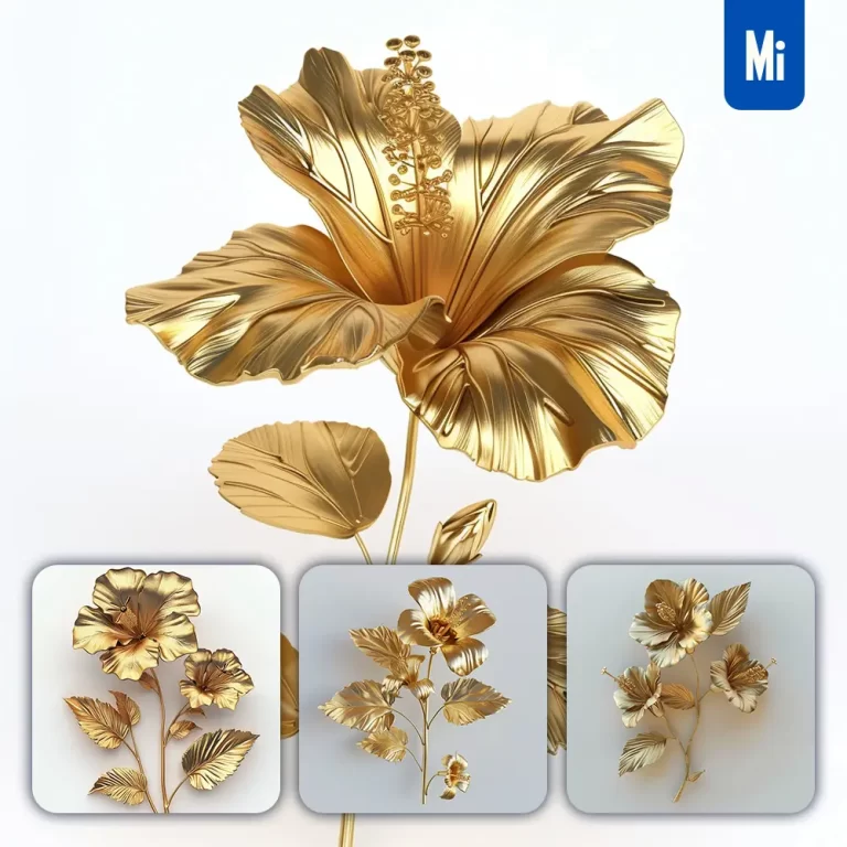 midjourney prompt hibiscus gold golden metal flower leaves leaf 3D