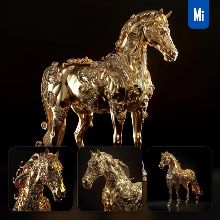midjourney prompt horse gold golden 3D sculpture pattern