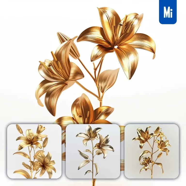 midjourney prompt lily gold golden metal flower leaves leaf 3D