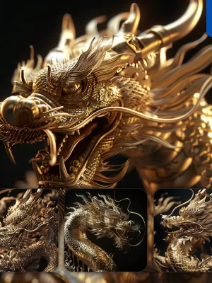 Midjourney Prompt Loong Chinese Dragon Gold Golden 3d Sculpture Pattern