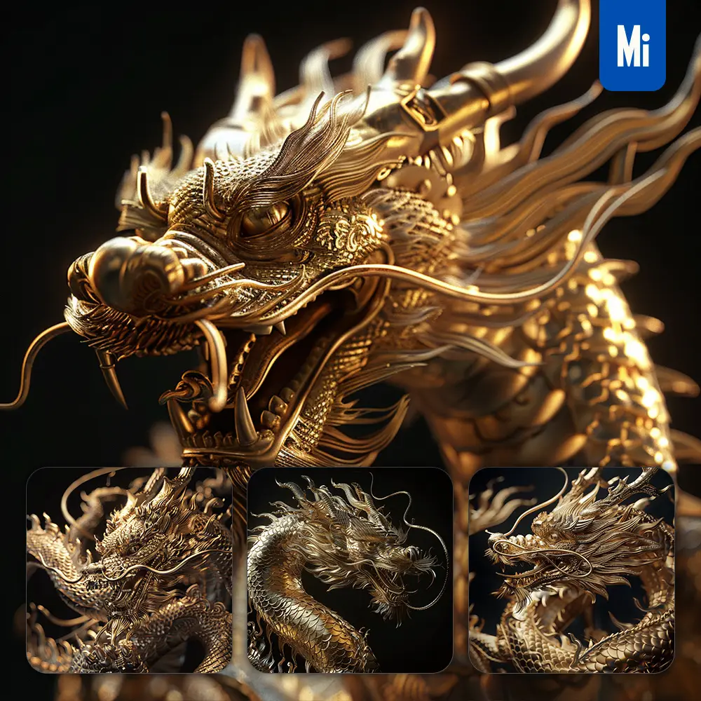 Midjourney Prompt Loong Chinese Dragon Gold Golden 3d Sculpture Pattern