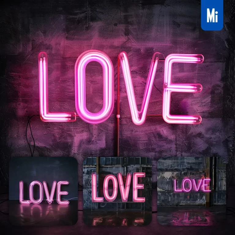 midjourney prompt love pink LED neon light word text letter