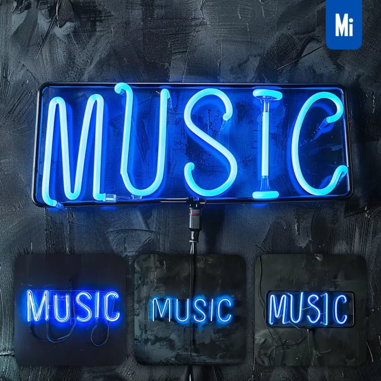 midjourney prompt music blue LED neon light word text letter
