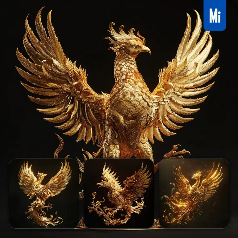 midjourney prompt phoenix gold golden 3D sculpture pattern