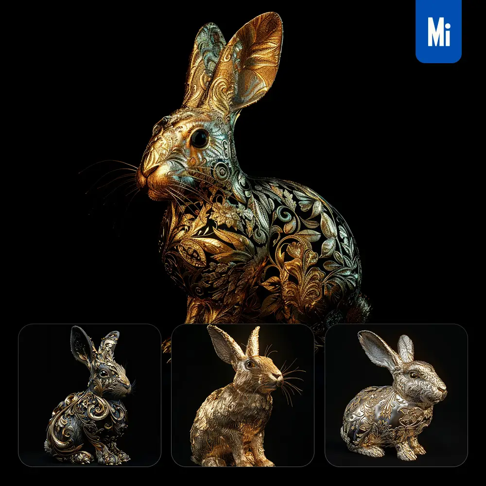 Midjourney Prompt Rabbit Hare Gold Golden 3d Sculpture Pattern