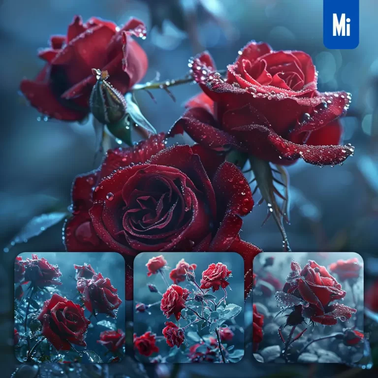 midjourney prompt rose dewdrop petal froze ice dark photography