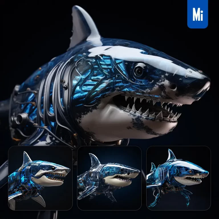 midjourney prompt shark head robot anatomy technology science fiction 3D