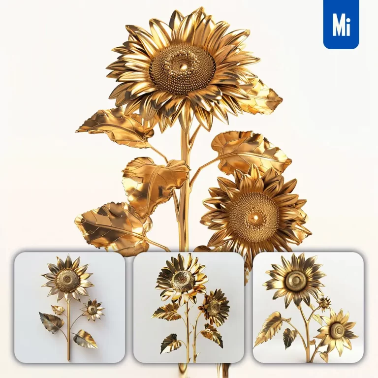 midjourney prompt sunflower gold golden metal flower leaves leaf 3D