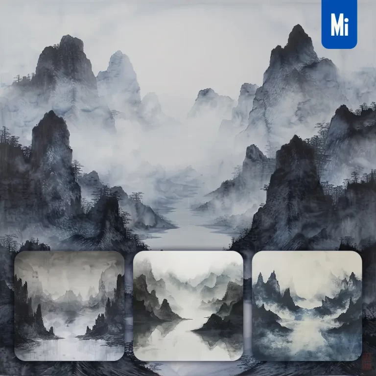midjourney prompt ink wash misty mountain river Chinese landscape black and white painting
