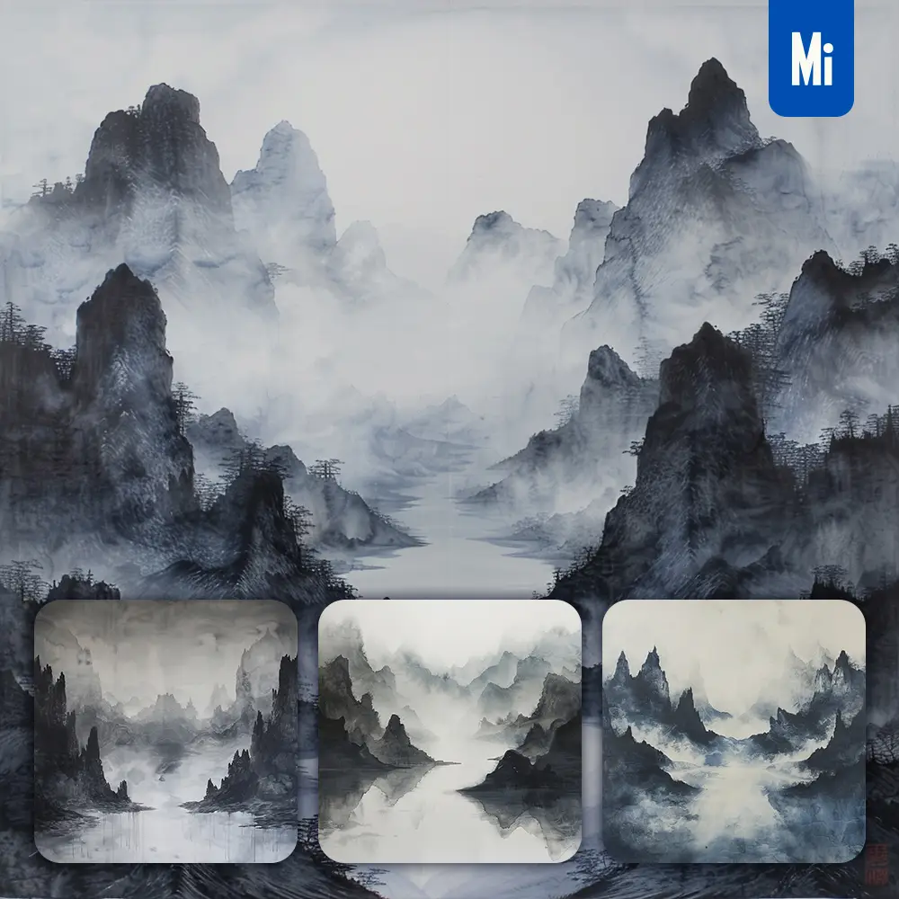 midjourney prompt ink wash misty mountain river Chinese landscape black and white painting