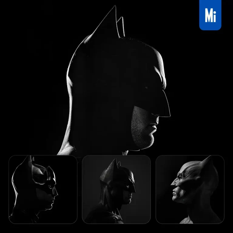 midjourney prompt Batman black white light face head mysterious silhouette photography
