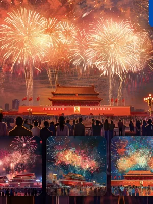 Midjourney Prompt China Red Chinese People Night Firework Sky Assembly Tiananmen Square Illustration Landscape Oil Painting National Day