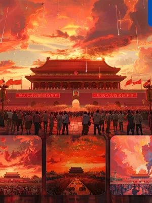 Midjourney Prompt China Red Chinese People Sky Assembly Tiananmen Square Illustration Landscape Oil Painting National Day