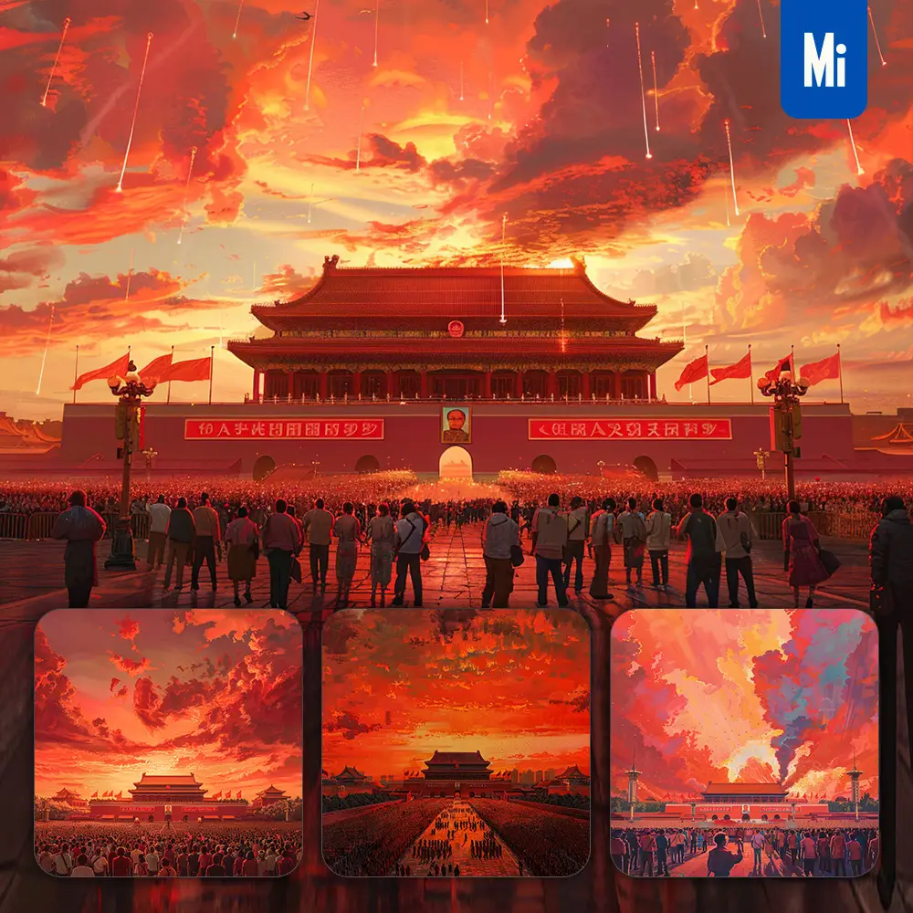 midjourney prompt China red Chinese people sky assembly Tiananmen Square illustration landscape oil painting National Day