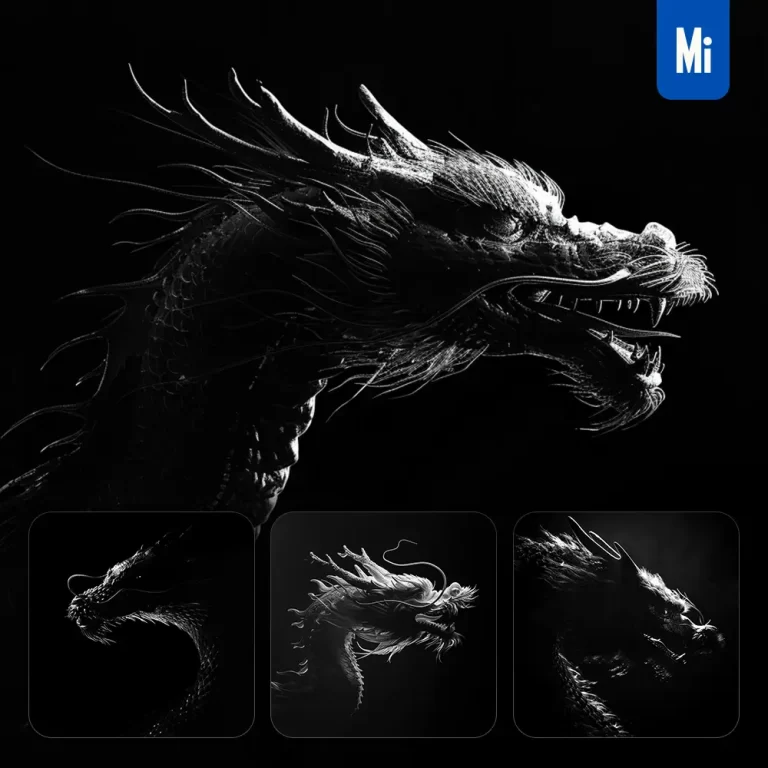 midjourney prompt Chinese dragon black white light face head mysterious silhouette photography