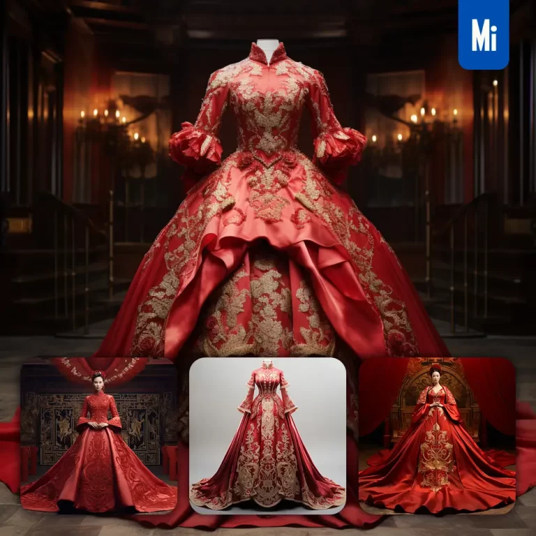 midjourney prompt Chinese dress red wedding regal noble costume designing gold