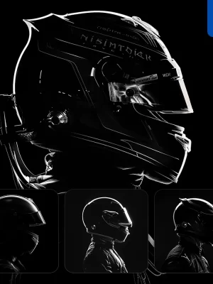 Midjourney Prompt F1 Driver Race Racing Helmet Black White Light Face Head Mysterious Silhouette Photography