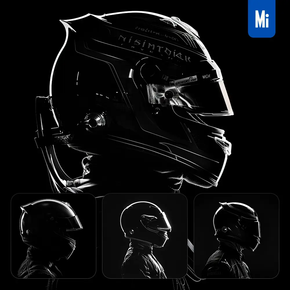 midjourney prompt F1 driver race racing helmet black white light face head mysterious silhouette photography