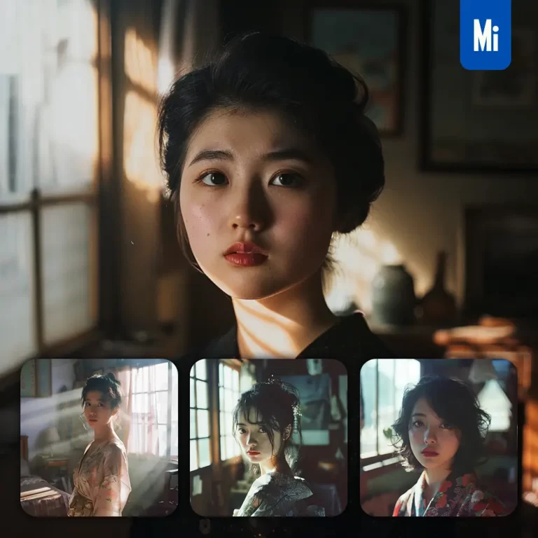 midjourney prompt Japanese geisha woman lady light sunshine room portrait photography