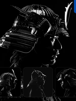 Midjourney Prompt Japanese Samurai Helmet Black White Light Face Head Mysterious Silhouette Photography