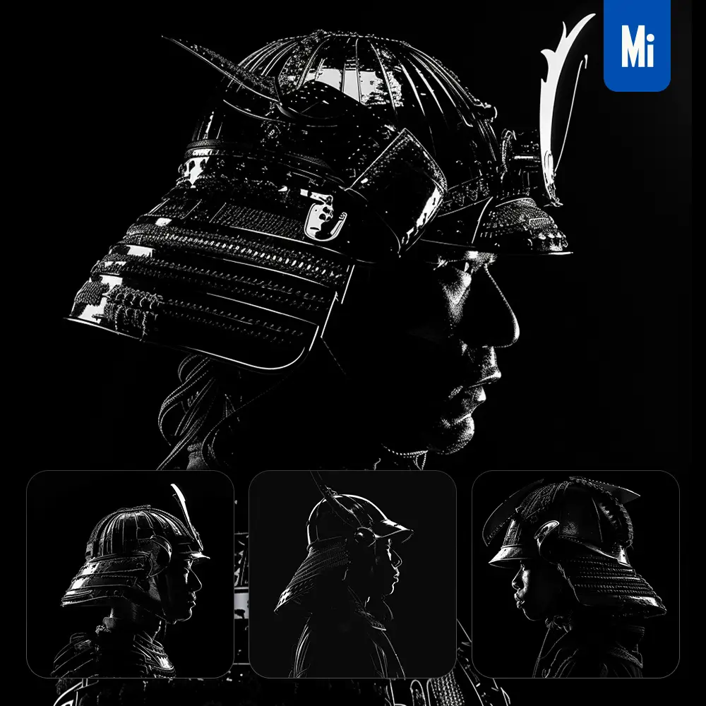 Midjourney Prompt Japanese Samurai Helmet Black White Light Face Head Mysterious Silhouette Photography