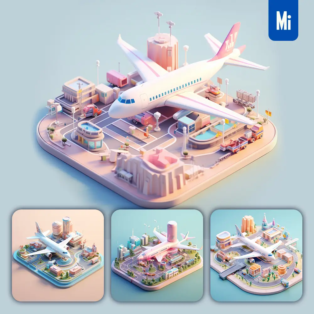 midjourney prompt airport airliner plane scene 3D C4D model