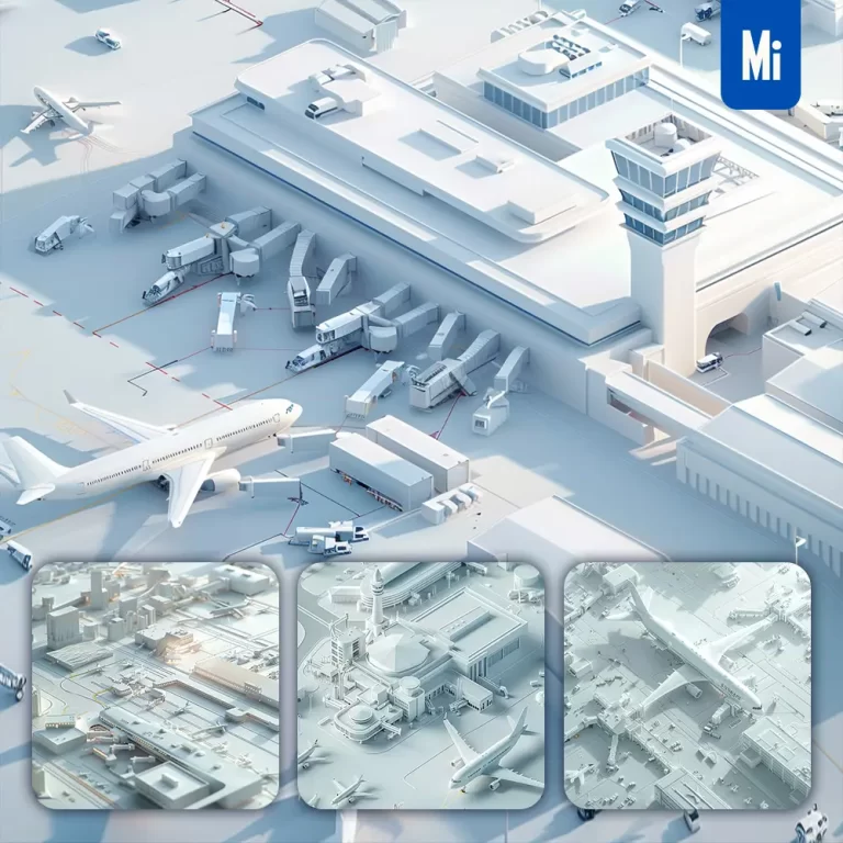 midjourney prompt airport airplane scene white technology 3D model