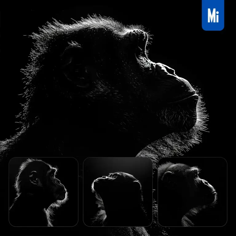 midjourney prompt ape monkey black white light face head mysterious silhouette photography