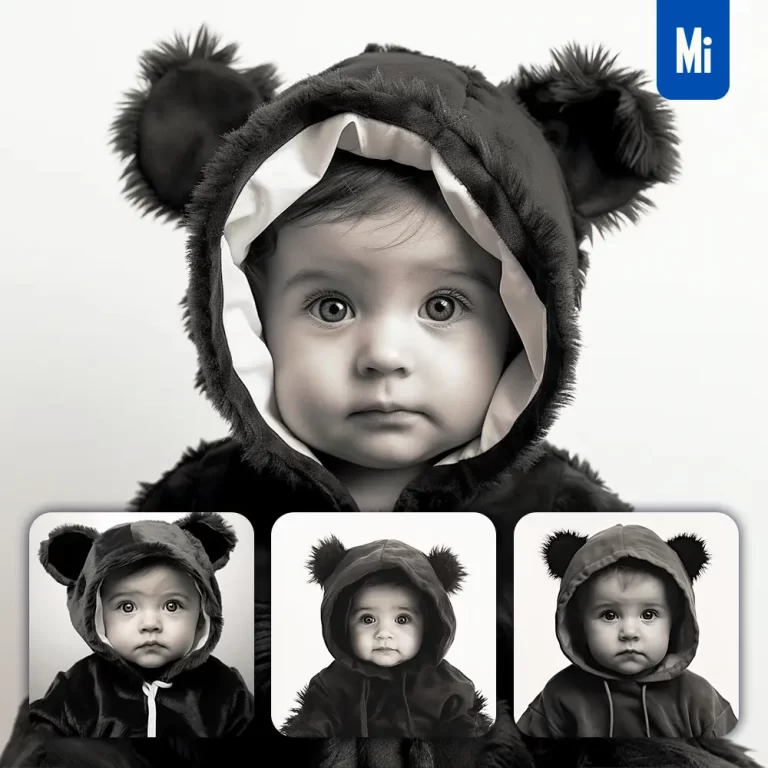 midjourney prompt baby adorable cute black white photography face head silhouette front costume hoodie