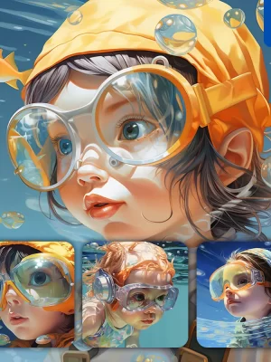 Midjourney Prompt Baby Swim Swimming Glasses Sea Water Goggles Portrait Painting