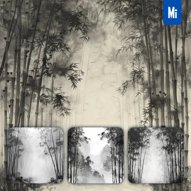 midjourney prompt bamboo forest misty black and white Chinese ink water wash painting