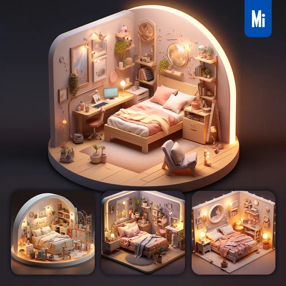 midjourney prompt bedroom bedchamber bed light 3D C4D model space scene